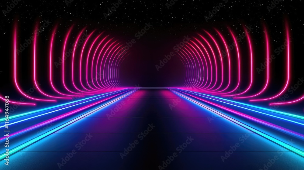 Poster cosmic abstract background concept. neon illuminated tunnel with vibrant light trails creating a fut