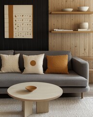 Stylish Living Room with Gray Sofa and Decorative Cushions, Featuring Minimalist Wooden Decor and a Circular Coffee Table for Modern Aesthetic Living