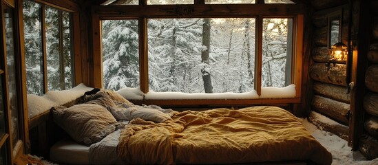 Cozy wooden cabin bedroom with plush bedding and scenic snowy forest view ideal for a winter retreat