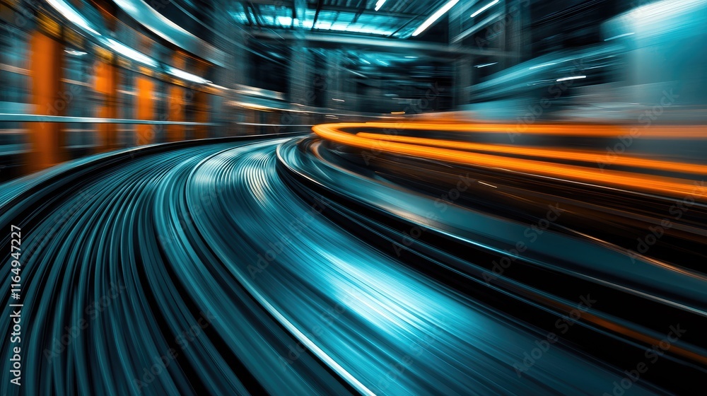Poster dynamic conveyor belt in manufacturing environment with motion blur illustrating efficient productio