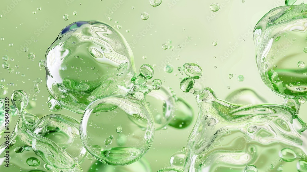 Poster a close-up view of translucent bubbles in a green, fluid-like environment.