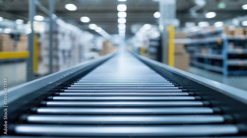 Poster conveyor system perspective in supermarket interior with blurred background and space for customizab