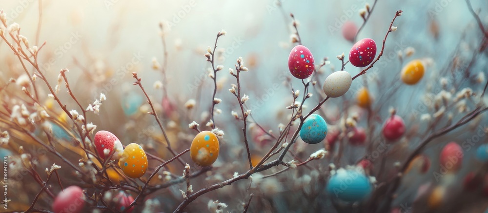Poster colorful easter eggs hanging from tree branches in a soft light background creating a vibrant spring