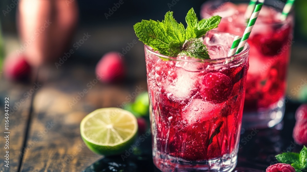 Poster refreshing raspberry cocktail with mint garnish served in stylish glasses on a rustic wooden table w