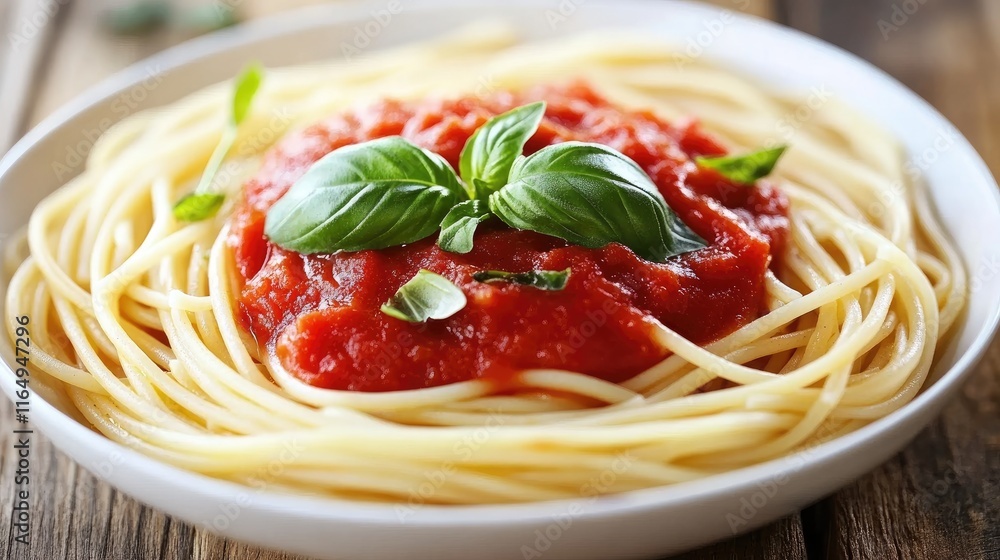 Poster cooked spaghetti with fresh tomato sauce and basil served on a rustic wooden table creating a warm a