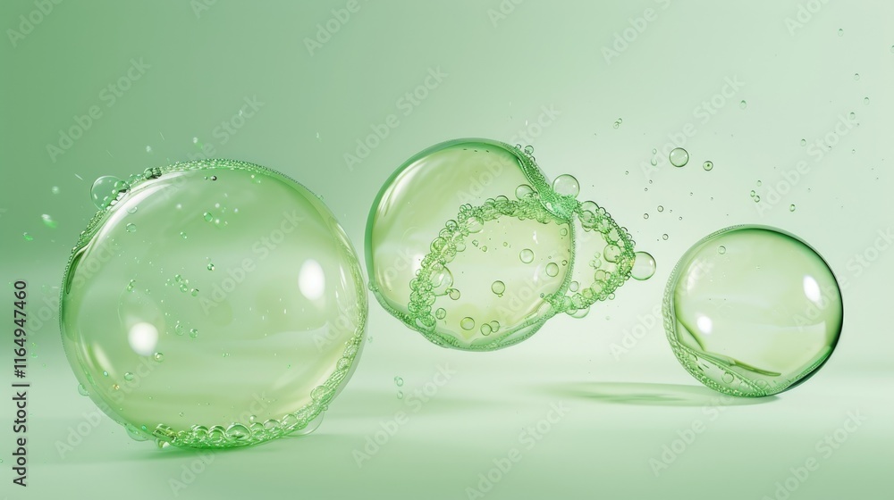 Aufkleber three translucent green bubbles floating in a soft green background with small air bubbles.