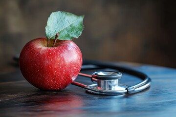 Red apple with leaf beside a stethoscope. Illustrates healthy lifestyle choices and healthcare.