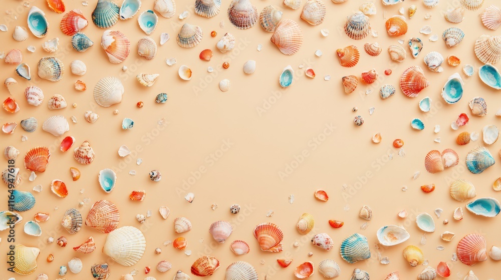 Poster colorful sea shells arranged in a minimal flat lay composition on a soft beige background evoking a 