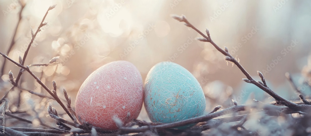 Aufkleber colorful easter eggs resting in tree branches with soft light creating a serene spring atmosphere pe