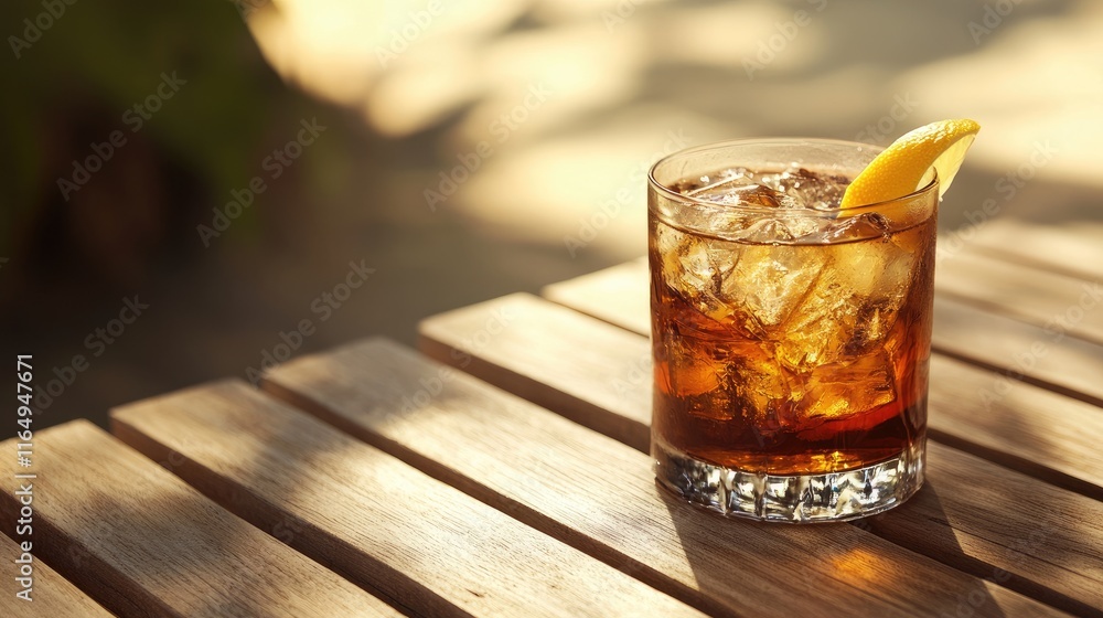 Poster refreshing cocktail served on a rustic wooden table garnished with a slice of lemon and ice cubes in
