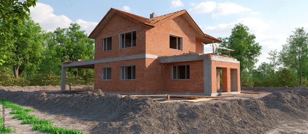 Poster rough construction of a two storey house with brick foundation and basic walls highlighting building