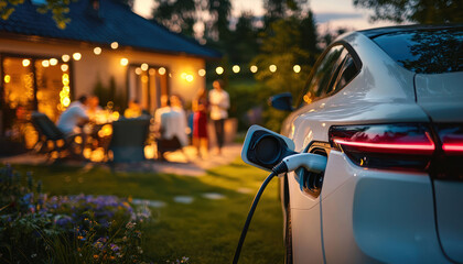 A modern electric car charging in suburban garden during lively evening gathering. Friends enjoy warm atmosphere with lights and laughter