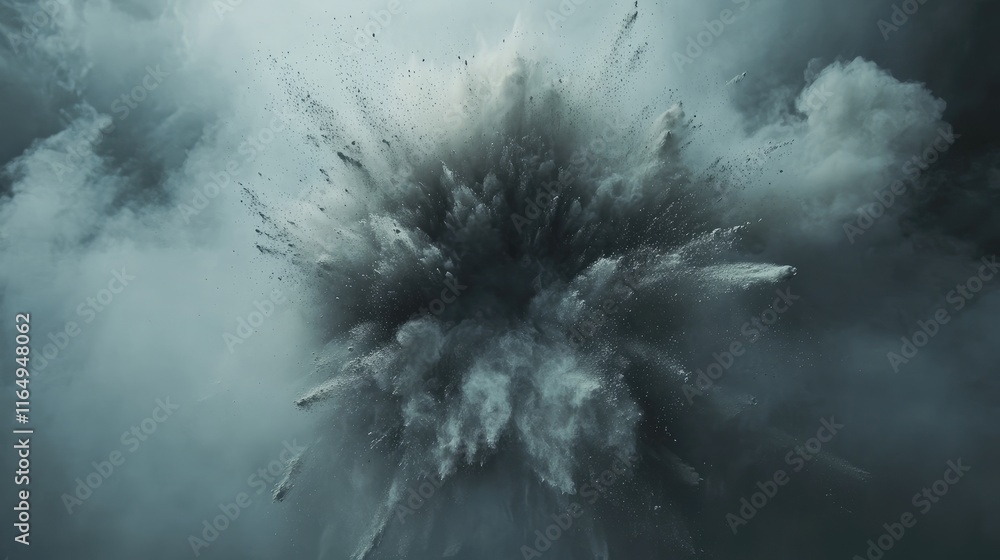 Poster Vibrant Colorful Powder Explosion Affecting Grey Background Creating Abstract Artful Texture and Dynamic Particles