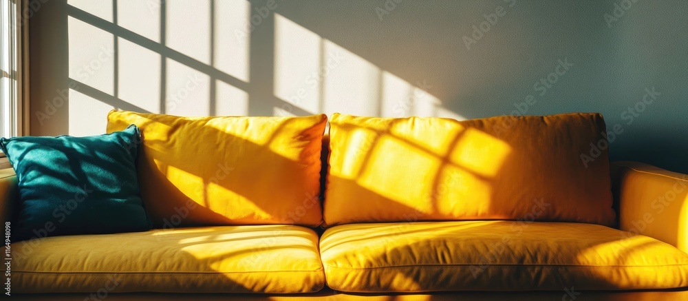 Poster cozy sofa bathed in natural light with window shadow patterns creating depth and warmth in interior 