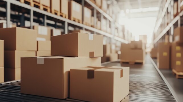 Conveyor rollers transporting boxes in a modern warehouse filled with stacked cardboard packaging and organized inventory