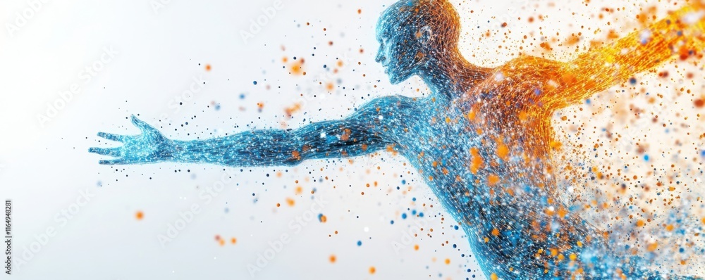 Poster abstract human form disintegrating into particles: a visualization of transformation and energy