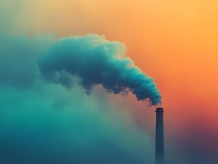 A smokestack emits dark smoke against a colorful sky, highlighting industrial pollution.