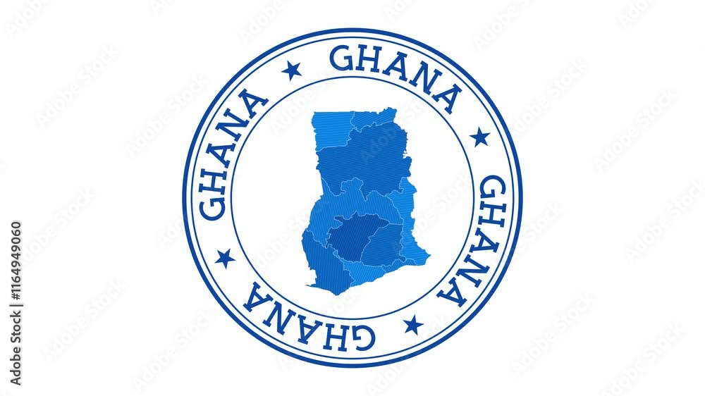 Poster ghana intro. badge with the circular name and map of country. ghana round logo animation.