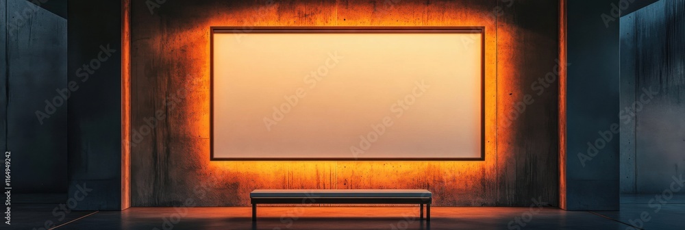 Poster illuminated gallery interior with blank canvas and minimalist bench: a modern art display