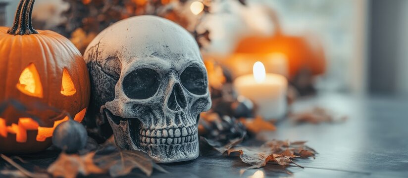 Halloween themed coffee table display featuring a decorative skull, carved pumpkin, candles, and autumn leaves for festive ambiance.