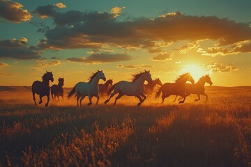 Wild horses run across a golden field at sunset. Perfect for themes of freedom, nature, and the American West.