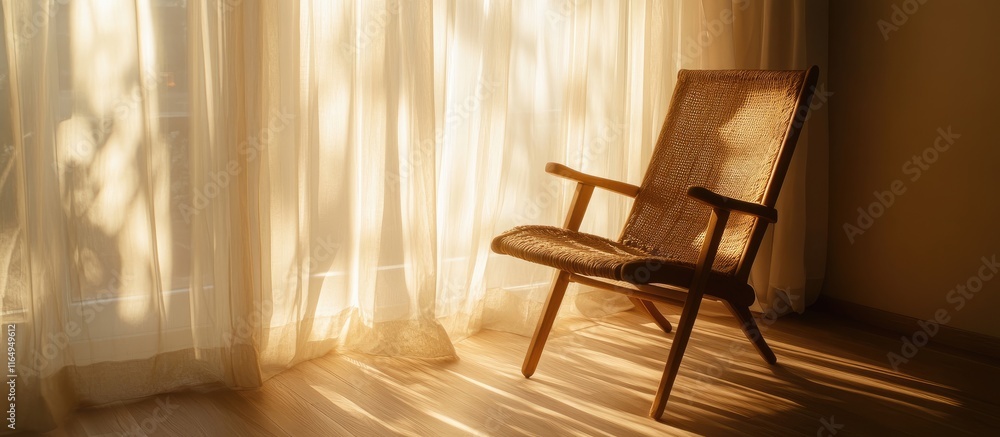 Poster sunlit wooden chair in a warm corner with sheer curtains creating a tranquil and inviting atmosphere