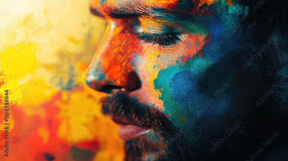 Poster vibrant artistic portrait showcasing creativity with colorful paint splashes and abstract background