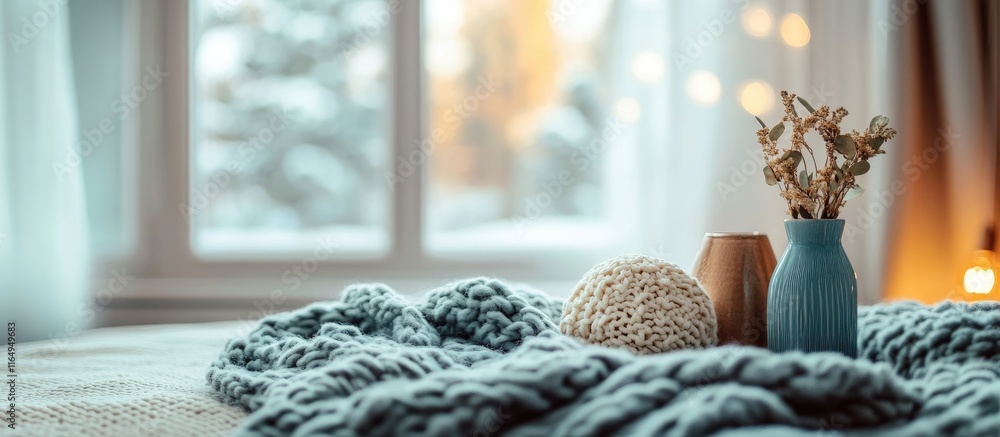 Poster serene bedroom table arrangement with decorative items and blurred background creating a cozy and in