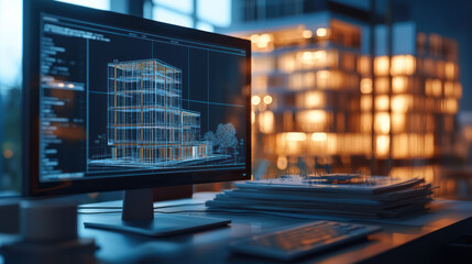A Modern architectural workspace with computer displaying building model, showcasing creativity and design