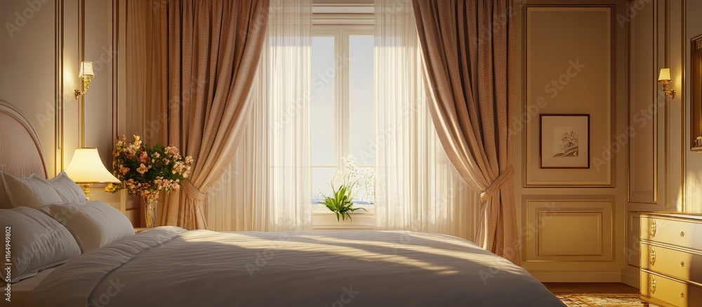 Poster elegant hotel room with large window and soft curtains creating a serene atmosphere perfect for rela
