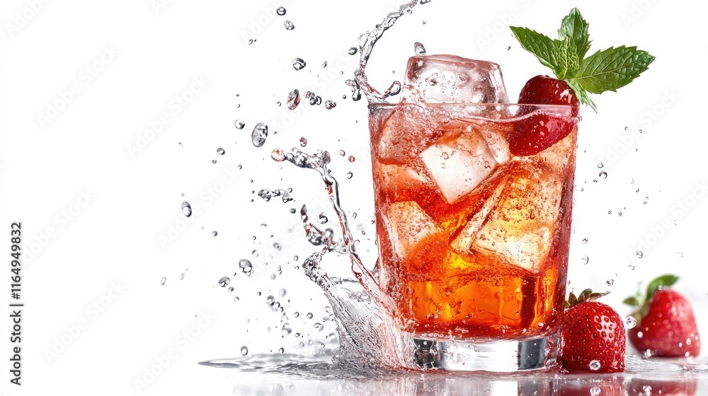 Poster refreshing cocktail splash with strawberries and mint on a white background showcasing vibrant color