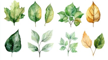 Fototapeta premium Watercolor Illustration of Green and Yellow Autumn Leaves