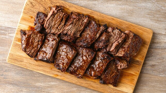 Savory Cooked Beef Barbecue Slices Displayed on a Wooden Cutting Board from Above