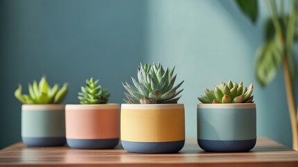 Fototapeta premium Colorful succulent pots on a dining table creating a vibrant housewarming ambiance with a fresh gardening theme and inviting vertical background
