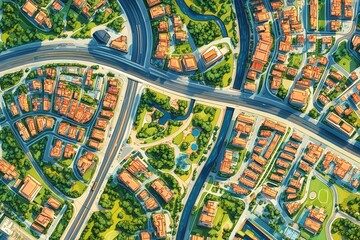 Aerial view of a city with roads, buildings, and parks. Illustrates urban planning, real estate, or city development.