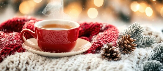 Fototapeta premium Cozy winter scene with steaming cup of tea on soft knitted blanket surrounded by pinecones and warm lights for ultimate relaxation and comfort