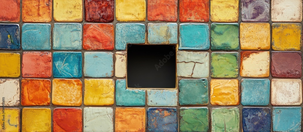 Aufkleber vibrant abstract design featuring a colorful ceramic brick wall with a central square hole creating 