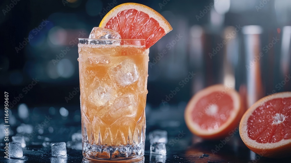 Poster cocktail with grapefruit juice cola and ice cubes on vintage background with fresh grapefruit slices
