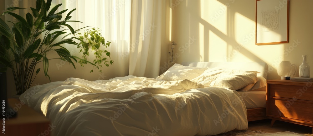 Poster Minimalistic bedroom design featuring soft linens and warm sunlight creating a serene and inviting atmosphere for restful sleep