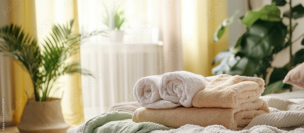 Poster soft towels neatly arranged on a bed creating a serene and inviting atmosphere for comfort and relax