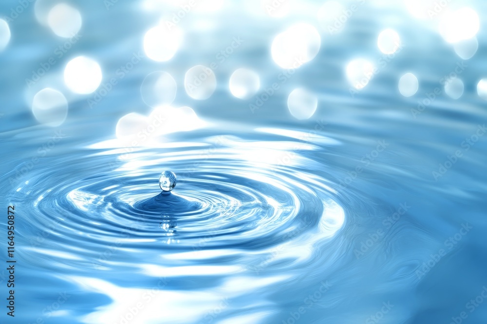 Aufkleber Water droplet falling, creating concentric ripples on a calm blue surface with bokeh background.