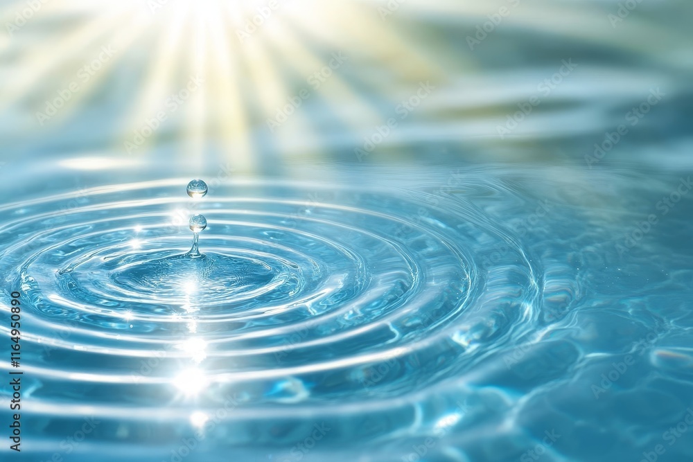 Poster sunlit water droplet creating concentric ripples.