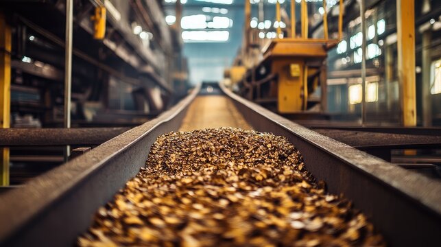 Conveyor belt system moving materials in a manufacturing facility with focused depth and industrial ambience for production efficiency.