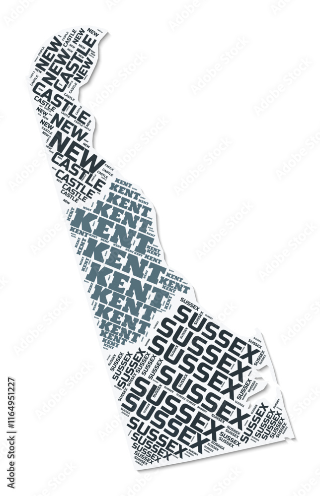 Poster delaware shape text cloud. state border with shadow on white background. delaware with counties divi