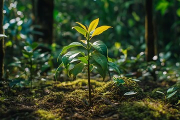 Obraz premium Young plant growing in lush forest, sunlight.