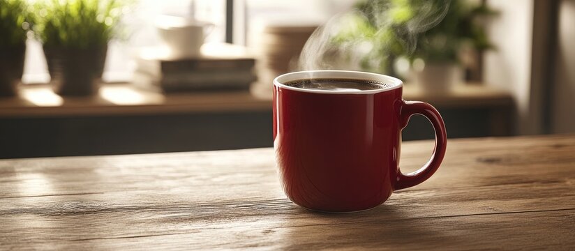 Cozy red mug with steaming coffee on wooden table in inviting home interior perfect for product display and lifestyle photography.