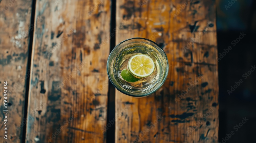 Poster refreshing cocktail with lime slice served in a glass on a rustic wooden table background with selec