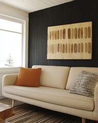 Stylish Living Room with Modern Couch, Artistic Wall Decor and Natural Light Creating a Cozy and Inviting Atmosphere for Relaxation and Comfort.