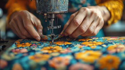 Close-up of hands sewing fabric on a vintage sewing machine