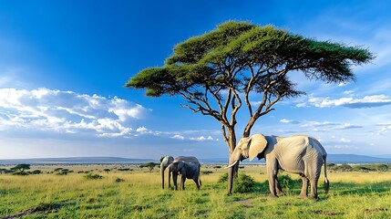 Obraz premium African Elephants Family under Acacia Tree Savannah Landscape